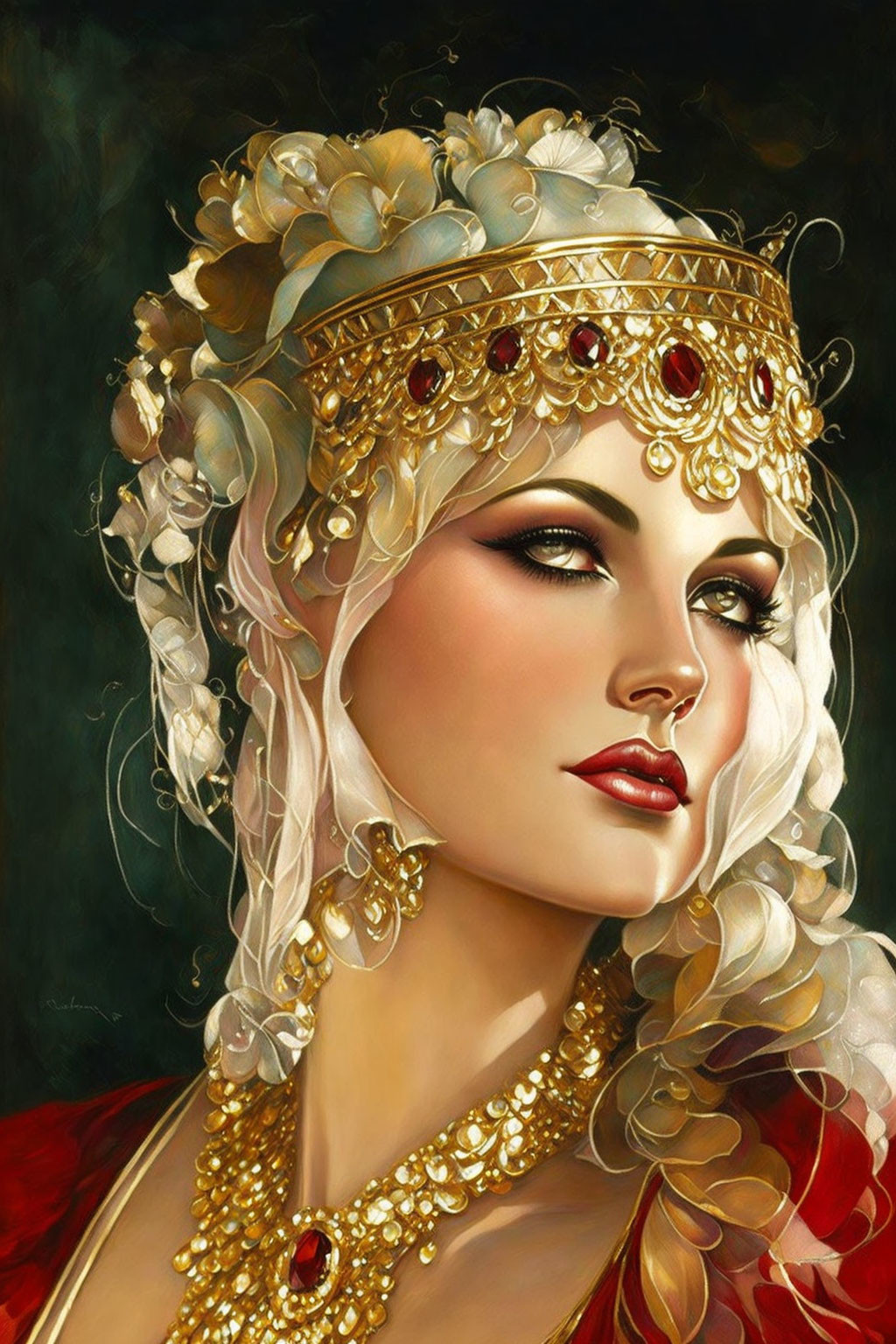 Illustrated woman adorned with golden jewelry on dark background