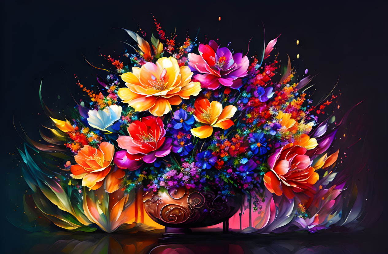 Colorful digital flower bouquet in decorative bowl on dark background