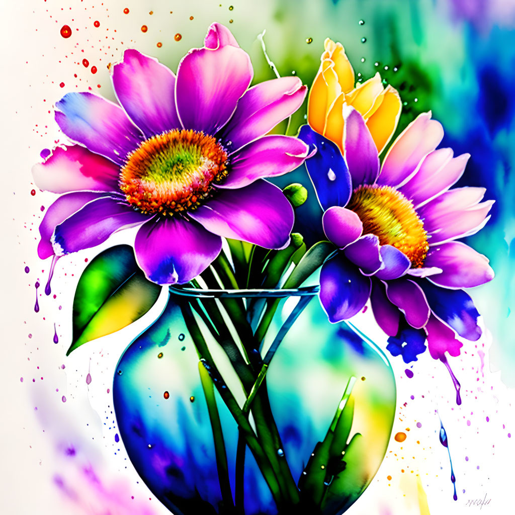 Colorful Digital Artwork: Flowers in Vase with Watercolor Background