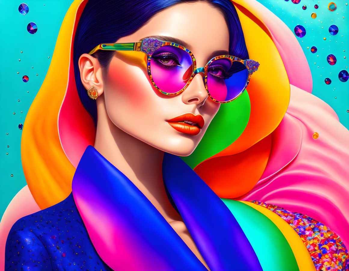 Vibrant digital artwork of woman with oversized sunglasses on rainbow background