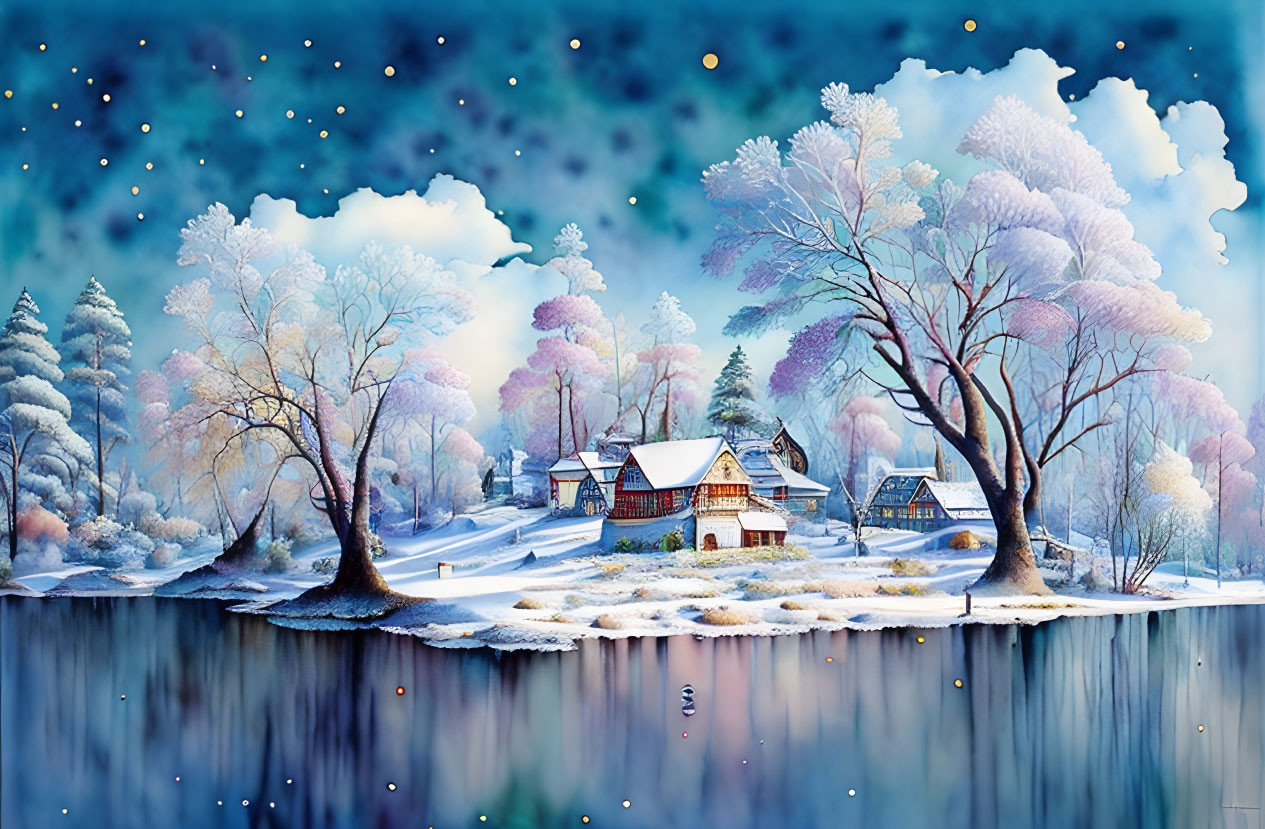 Snow-covered trees and houses reflected on a lake under a starry sky