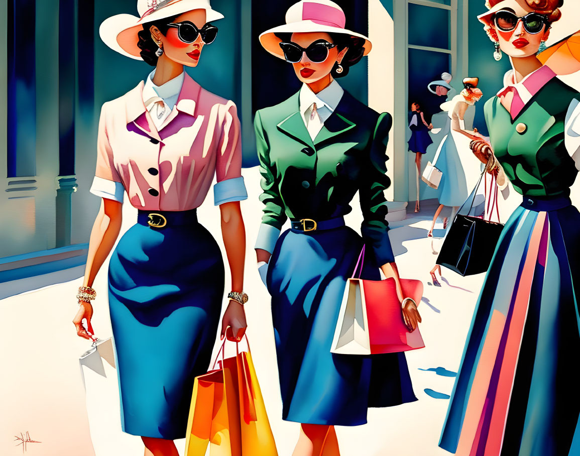 Three women in stylish hats and sunglasses shopping on a sunny day