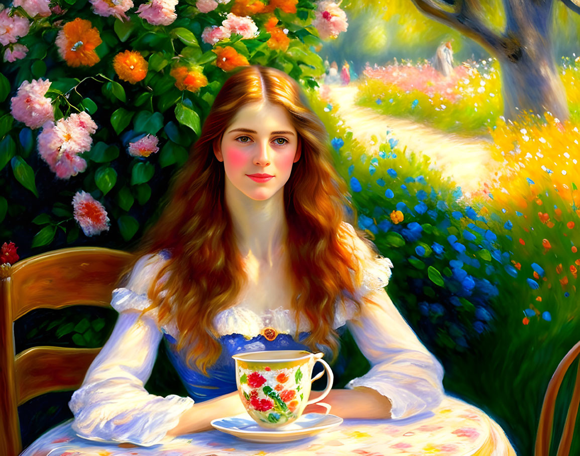 Woman with Auburn Hair Enjoying Tea in Lush Garden