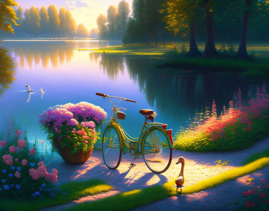 Tranquil park scene with vintage bicycle, lake, flowers, and duck