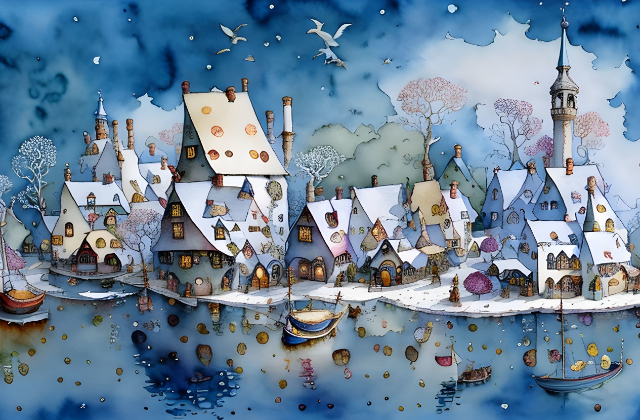 Snow-covered rooftops in whimsical watercolor village under starry sky