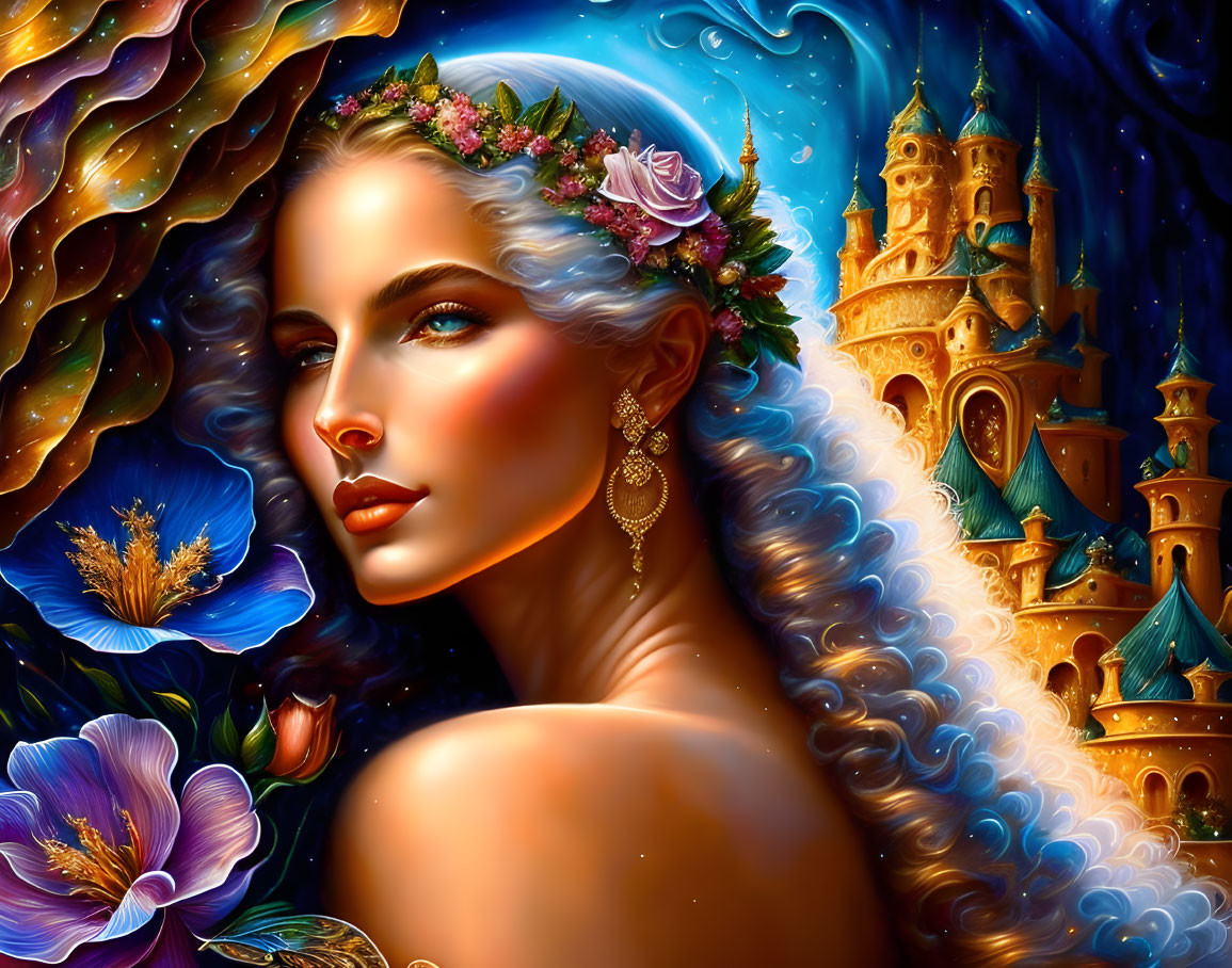 Colorful digital painting of woman with floral crown and fantasy castle background