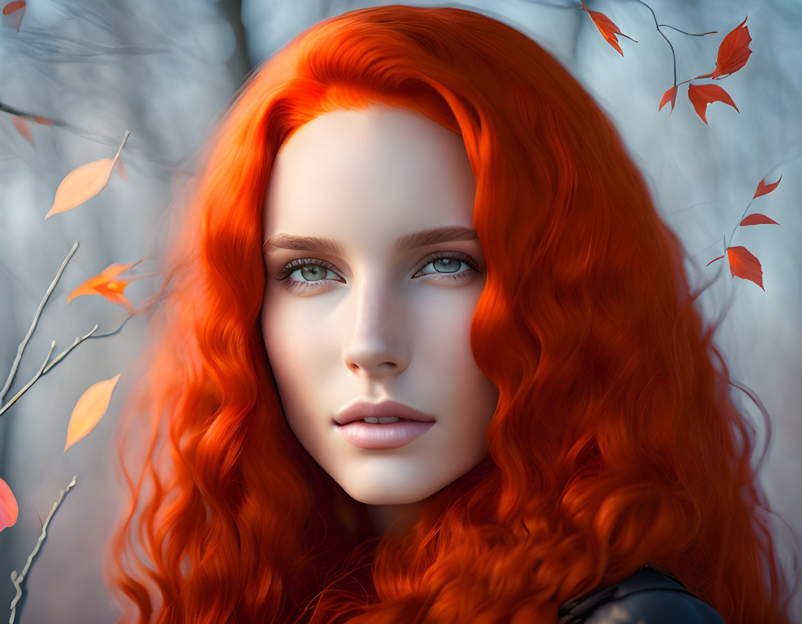 Red-Haired Woman with Blue Eyes in Autumn Setting