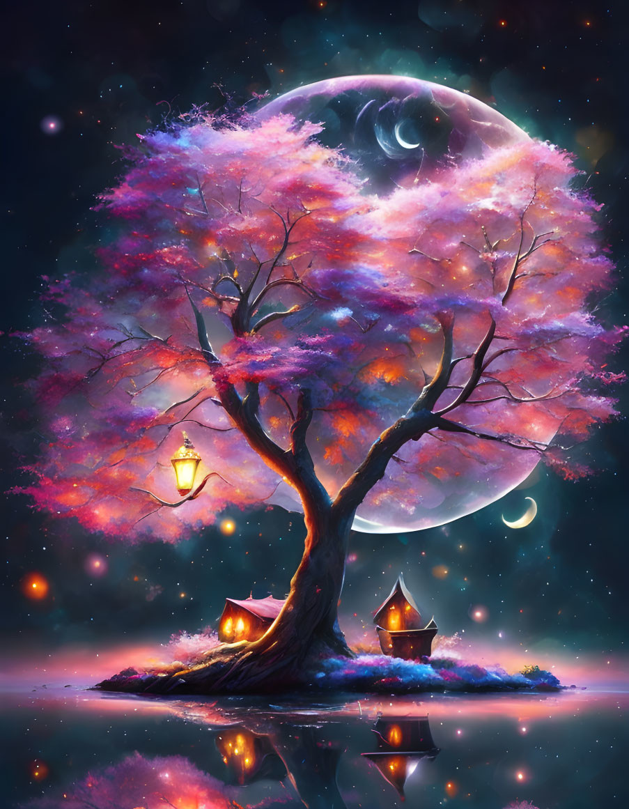 Mystical tree with luminous leaves in cosmic scene