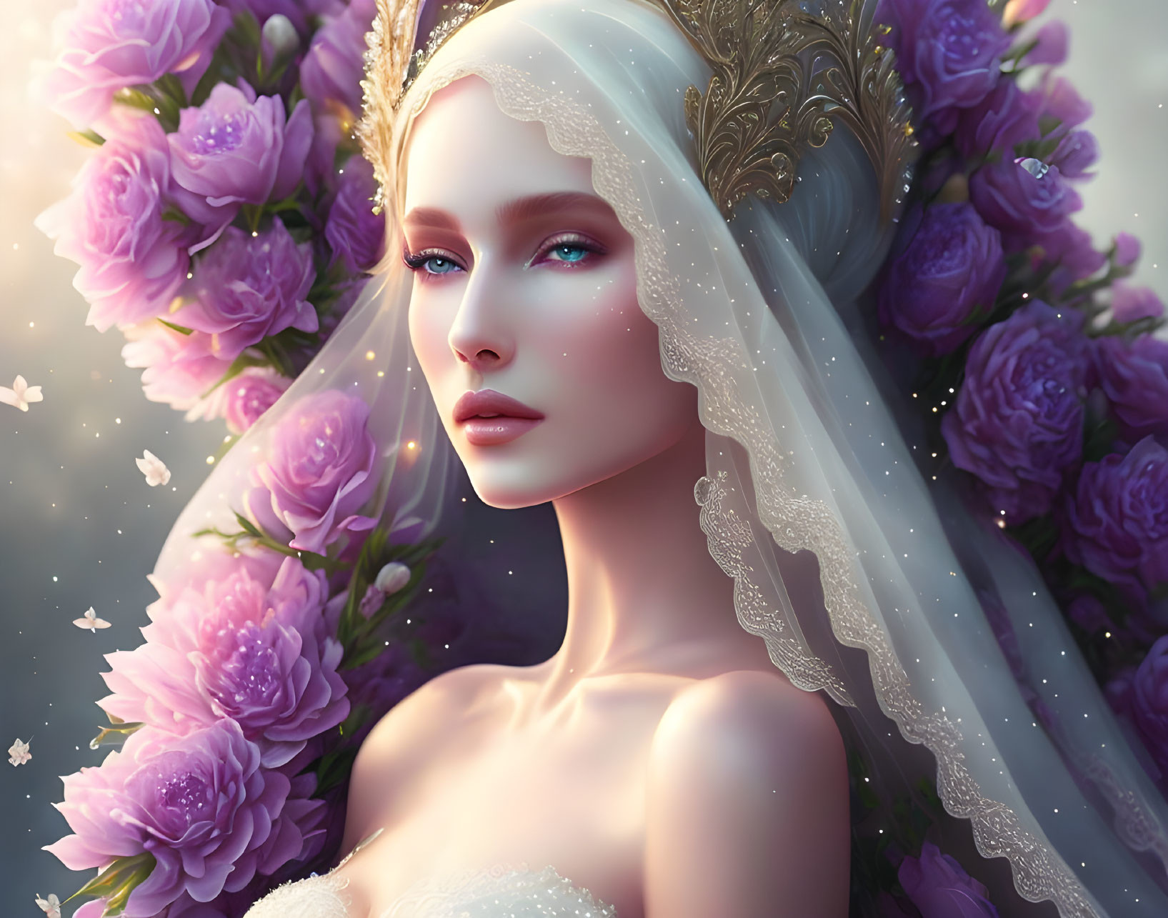 Bridal-themed woman illustration with purple roses and butterflies