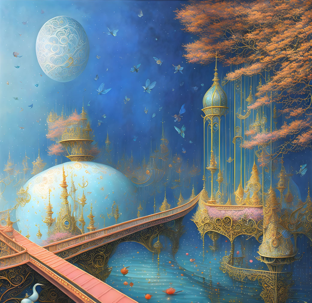 Fantastical landscape with golden domes, bridge, autumn trees, moon, and butterflies