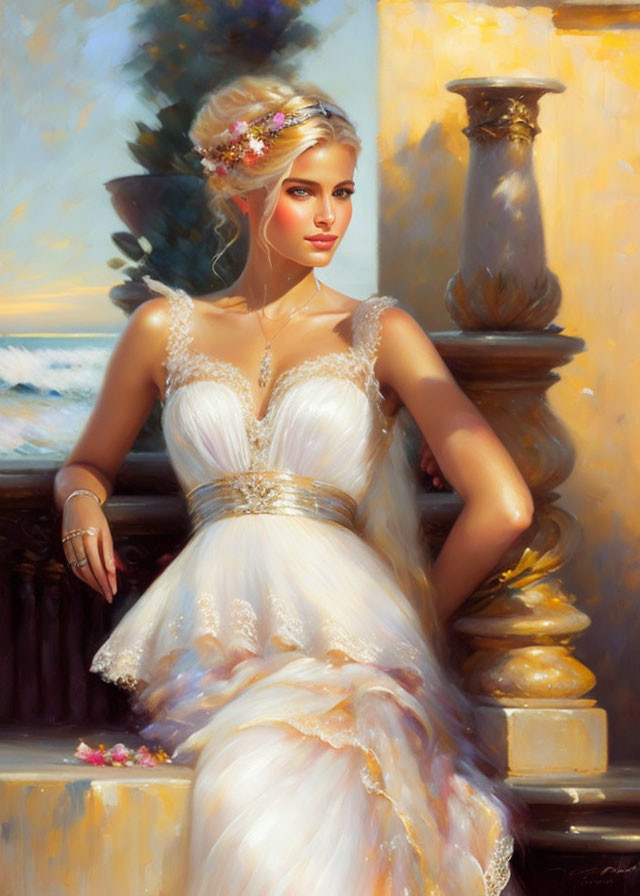 Woman in white gown with floral hair adornments in warm light