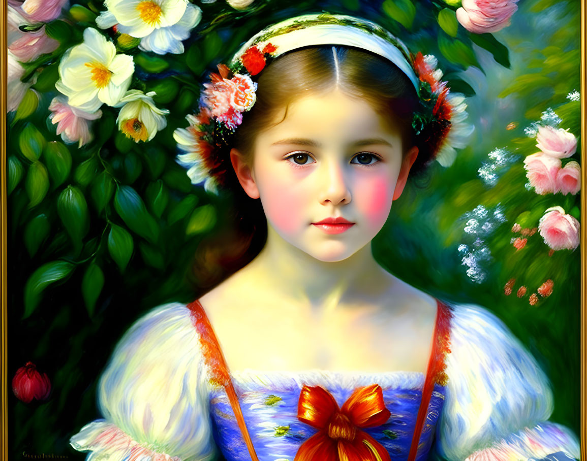 Young girl in floral headband and white dress among lush greenery