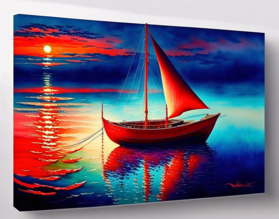 Red-Sailed Boat Painting at Sunset on Tranquil Sea