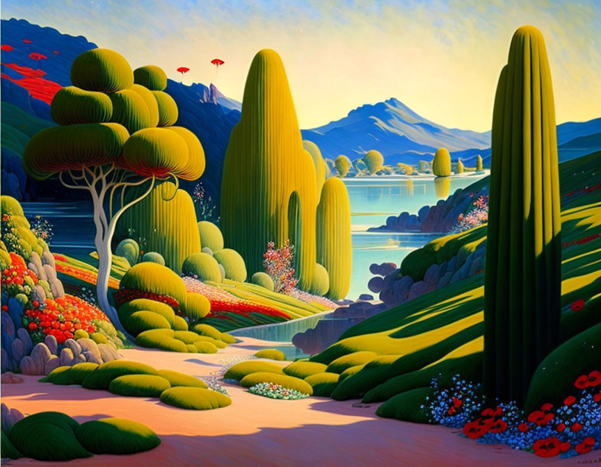 Colorful Landscape Painting with Stylized Trees, Lake, Flora, and Mountains