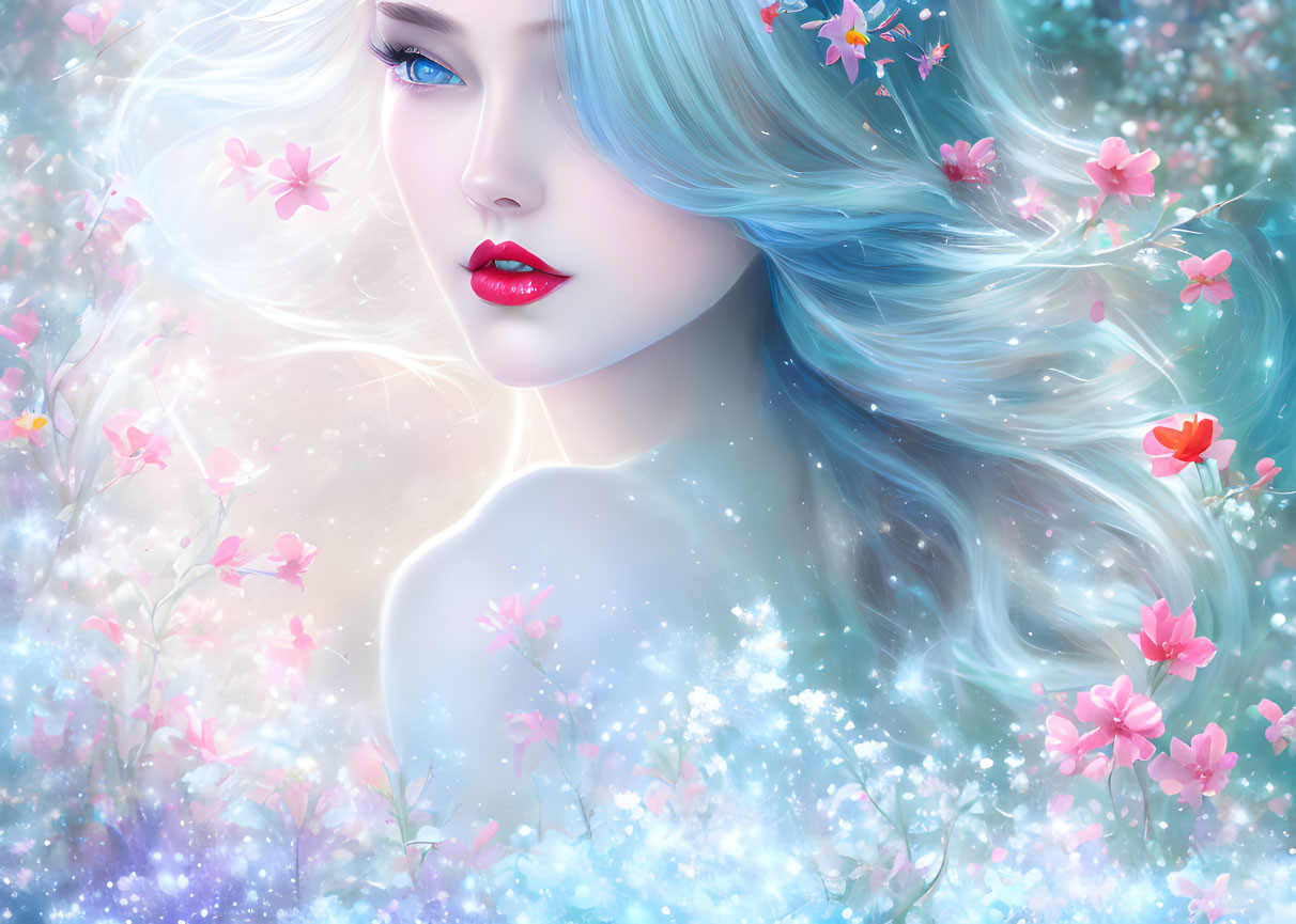 Woman with Blue Hair in Dreamy Floral Setting