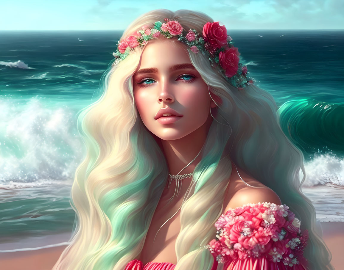 Blonde woman with blue eyes in floral crown by ocean