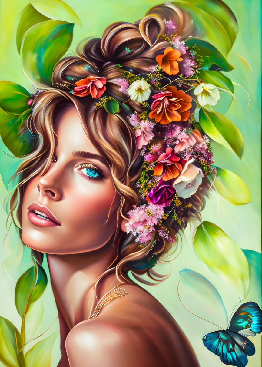 Illustrated portrait of woman with blue eyes, floral wreath in curly hair, and blue butterfly.