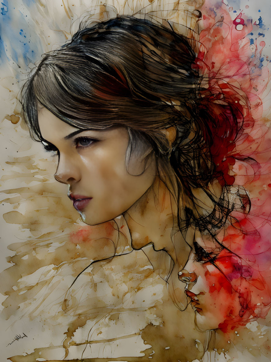 Detailed portrait of a woman with abstract watercolor splashes in brown and red tones