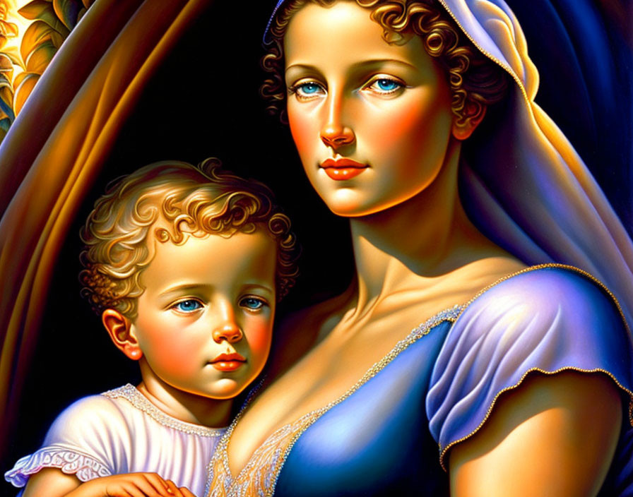 Colorful painting of woman in blue clothing with child in white gown