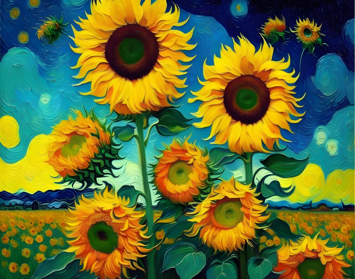 Colorful sunflowers in Van Gogh-inspired digital painting