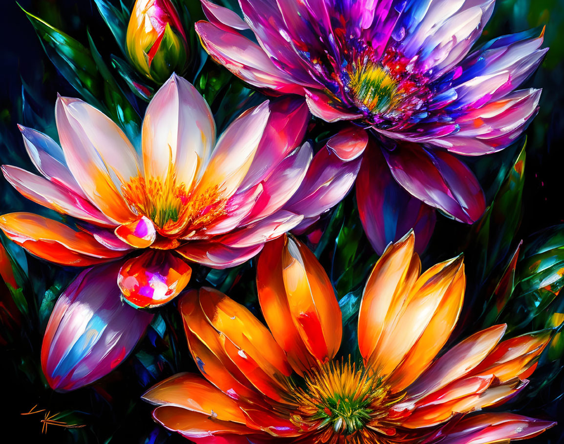 Colorful Blooming Flowers Digital Painting with Dark Background