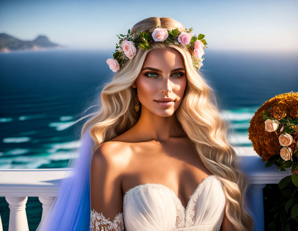 Digital artwork: Bride with floral crown, wavy blonde hair, white gown, blue eyes, by