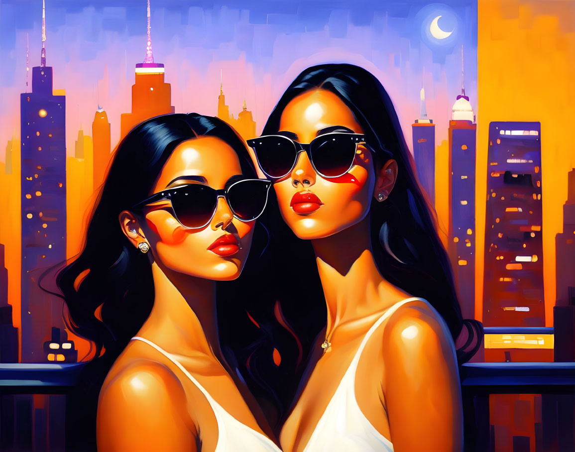 Identical women in sunglasses against cityscape at dusk