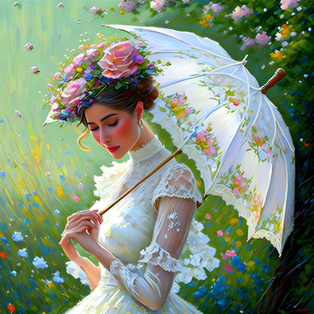 Vintage Woman in White Dress with Floral Hat and Lace Parasol in Lush Greenery