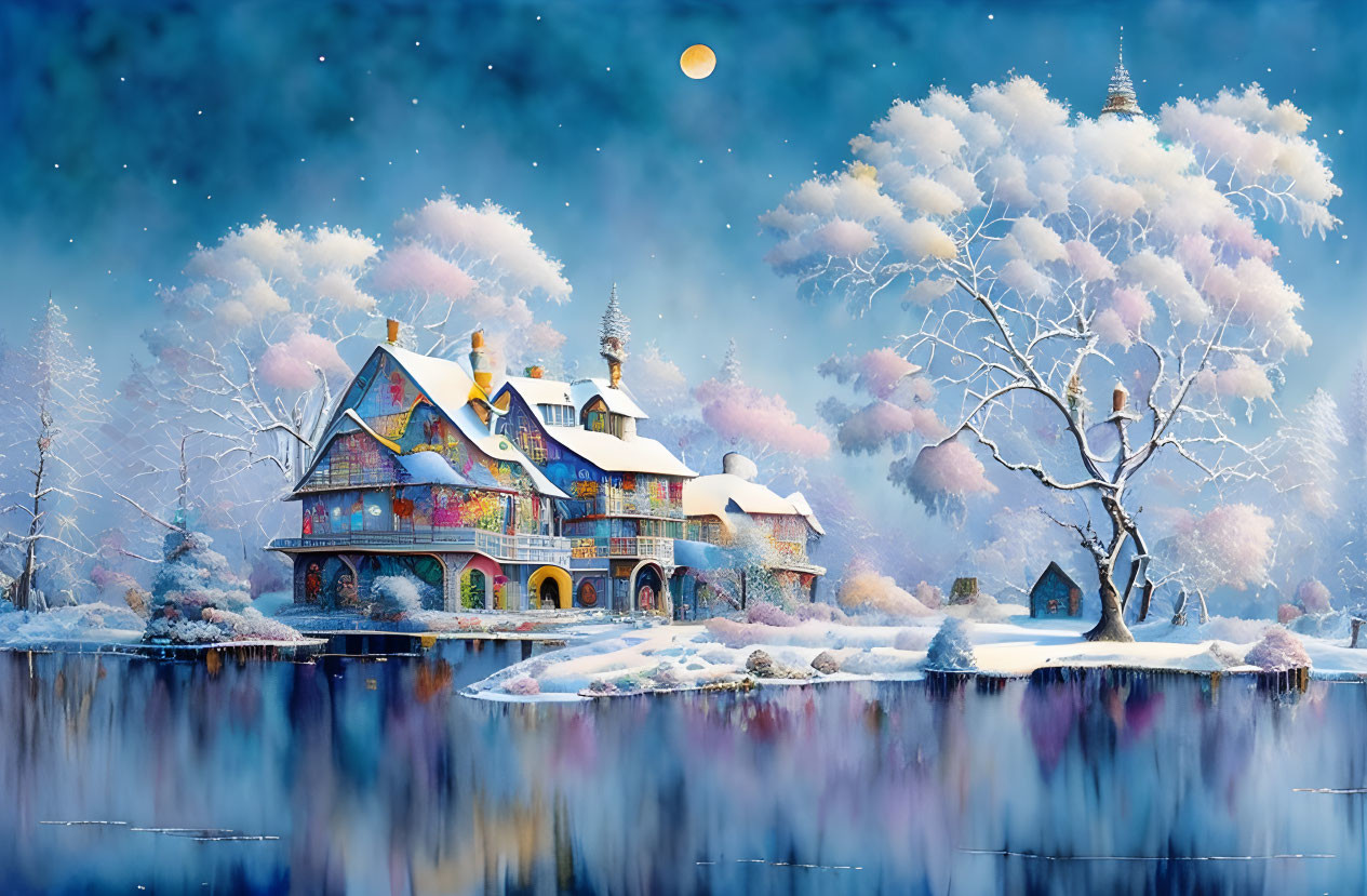 Cozy Cottage by Tranquil Lake in Winter Night