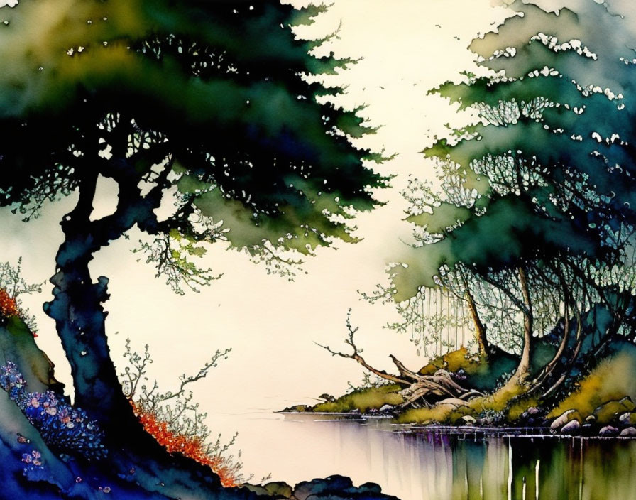 Tranquil Watercolor Landscape with Lush Trees and Still Lake