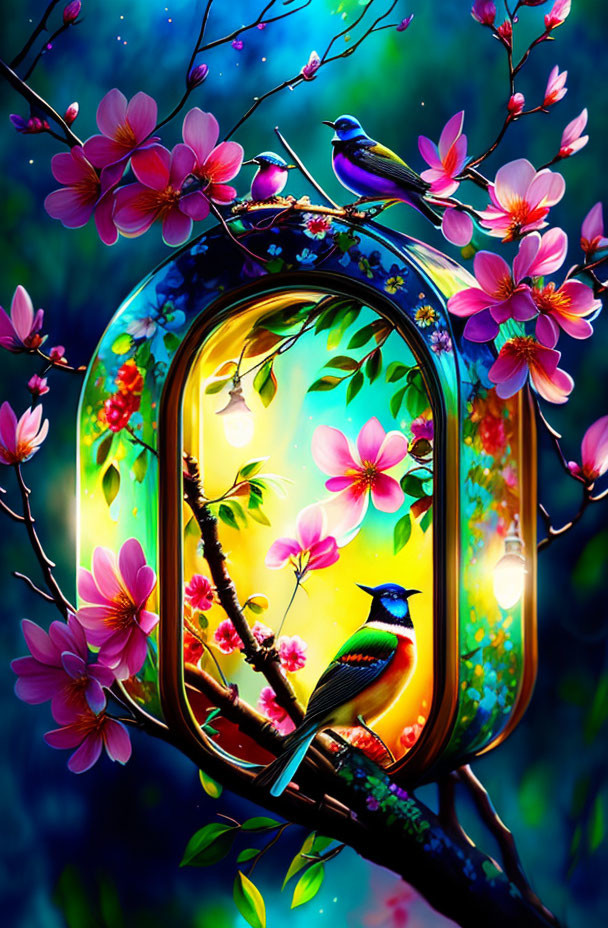 Colorful Birds and Flowers in Glowing Portal Artwork