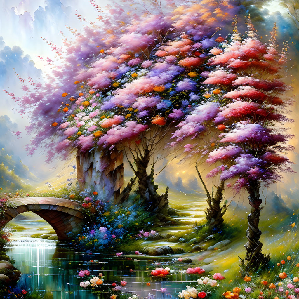 Vibrant fantasy landscape with colorful flowering trees and stone bridge