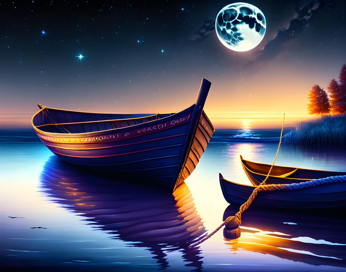 Rowboats under starry sky and full moon by tranquil coast.