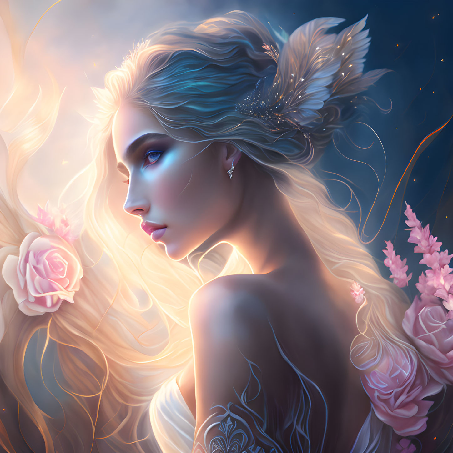 Ethereal woman with flowing hair, feathers, and flowers in warm light