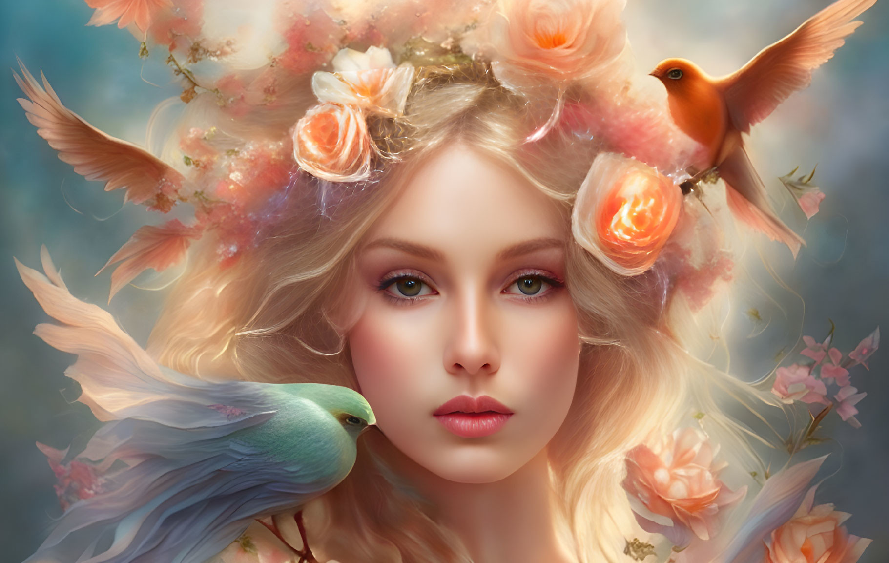 Whimsical portrait of a woman with floral and bird motifs in soft pastel colors