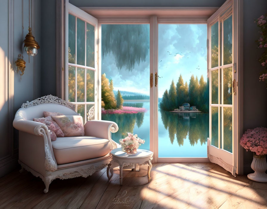 Tranquil room with French window overlooking lake