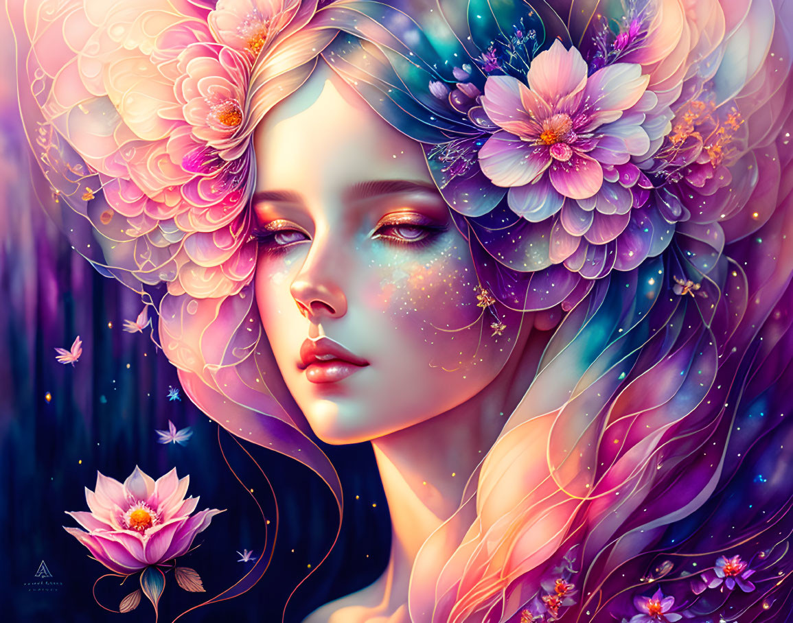 Colorful digital artwork of woman with floral and butterfly hair adornments