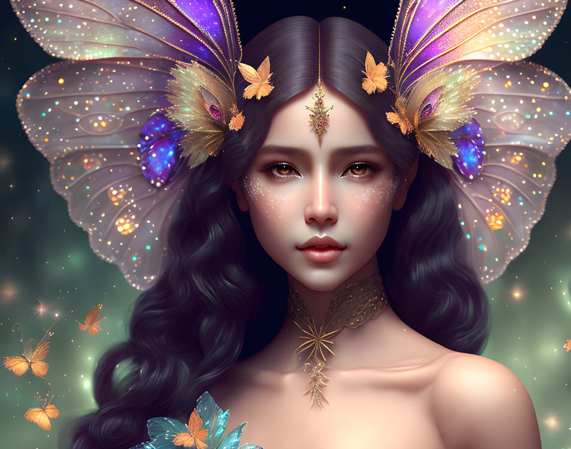 Fantasy woman with butterfly wings and golden accessories surrounded by vibrant butterflies.