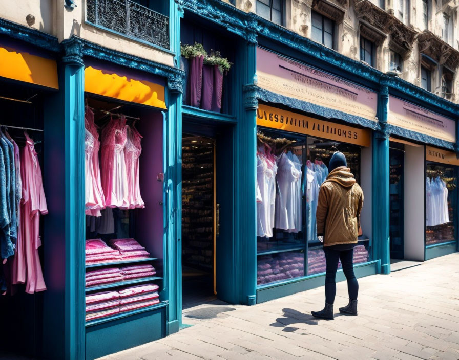 Person in Winter Coat Browsing Clothing Outside Vibrant Blue Boutique