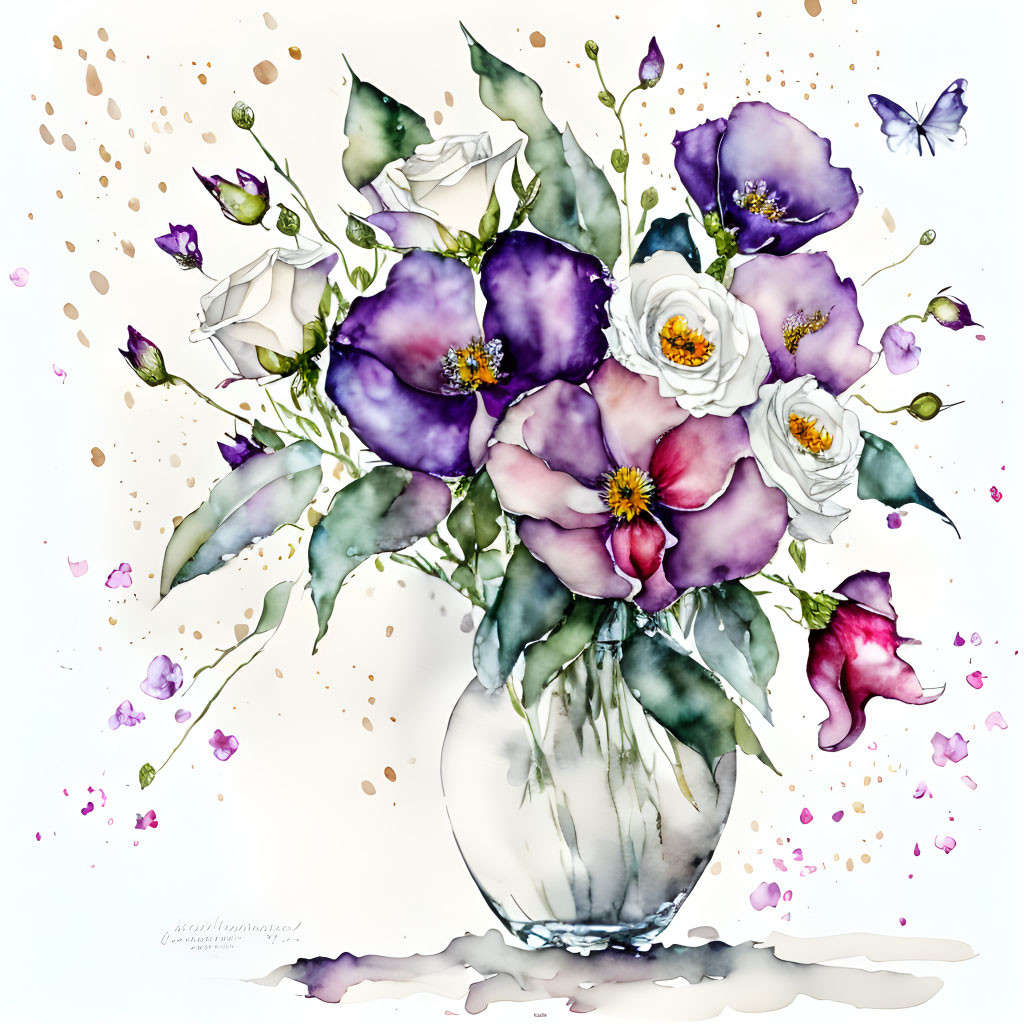 White and Purple Flower Bouquet Watercolor Illustration in Clear Vase