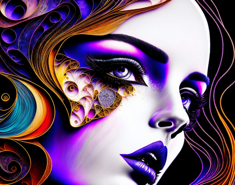 Colorful digital artwork of woman's face with mechanical elements