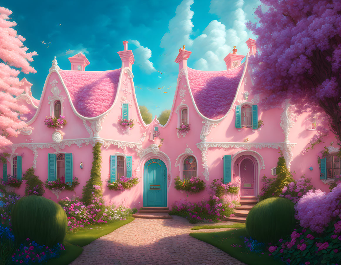 Pink Cottage with Curved Roofs in Vibrant Garden