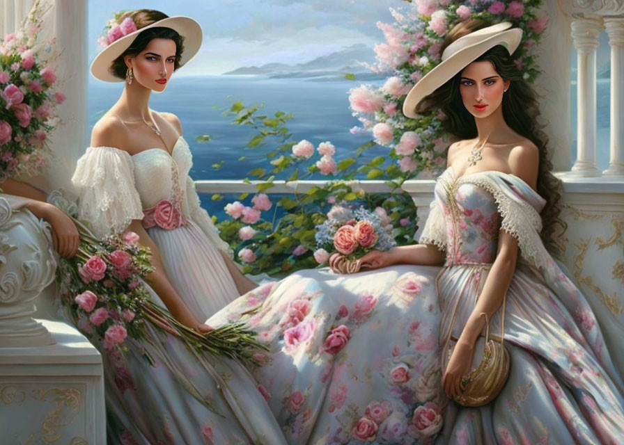 Vintage Dresses and Wide-brimmed Hats: Women by Balcony with Sea View