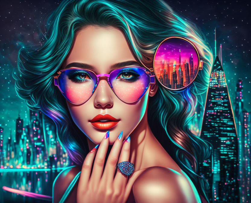 Colorful digital art: Woman with teal hair and glasses, cityscape reflection in lens.