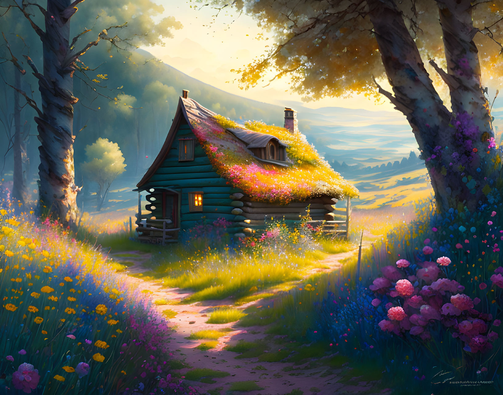 Tranquil cottage with flowering roof in sunlit meadow surrounded by trees