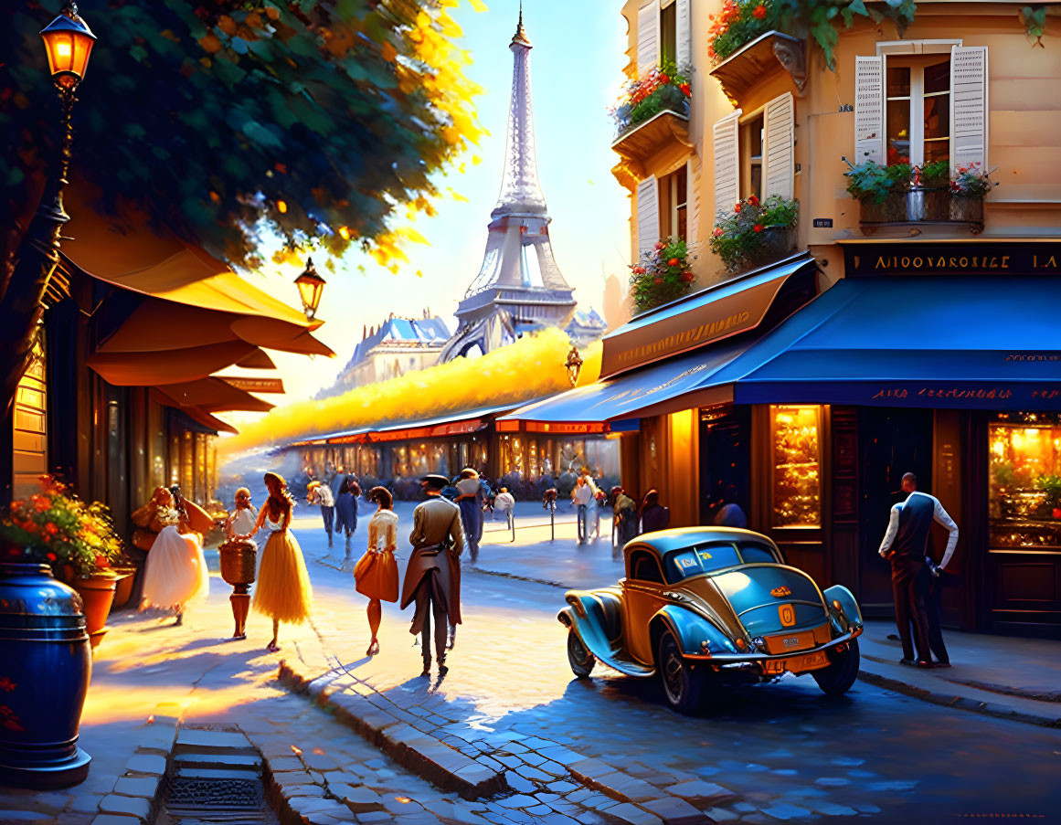 Colorful street scene with vintage car and Eiffel Tower in background