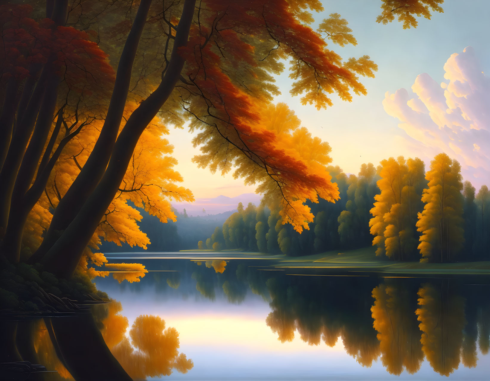 Tranquil autumn landscape with vibrant trees and calm lake