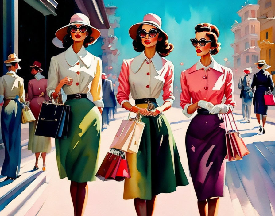 Three women in retro apparel with hats and sunglasses holding shopping bags on a bustling city street