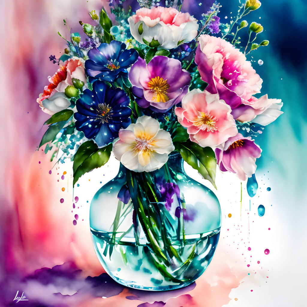 Colorful Watercolor Painting of Bouquet in Transparent Vase