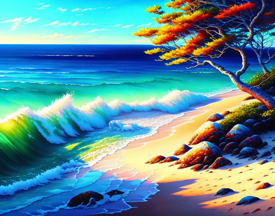 Scenic beach with azure waves, bright sky, and orange foliage tree